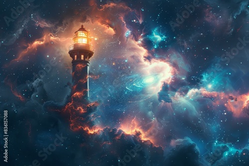 A cosmic lighthouse guiding travelers through the infinite expanse of space generated by AI photo