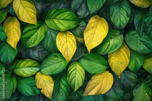 Vibrant green and yellow leaves with dewdrops creating a fresh, natural background. Perfect for nature, environment, and botanical themes.