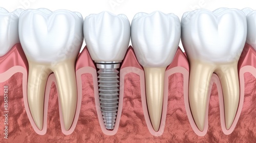 3D illustration of a dental implant in the jawbone. The implant is made of titanium and is used to support a dental crown.