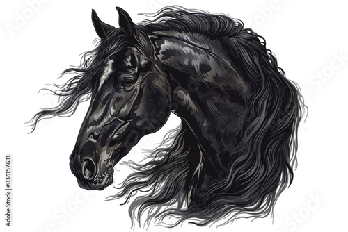 Watercolor Black Horse Head on Transparent Background, detailed design, equestrian art