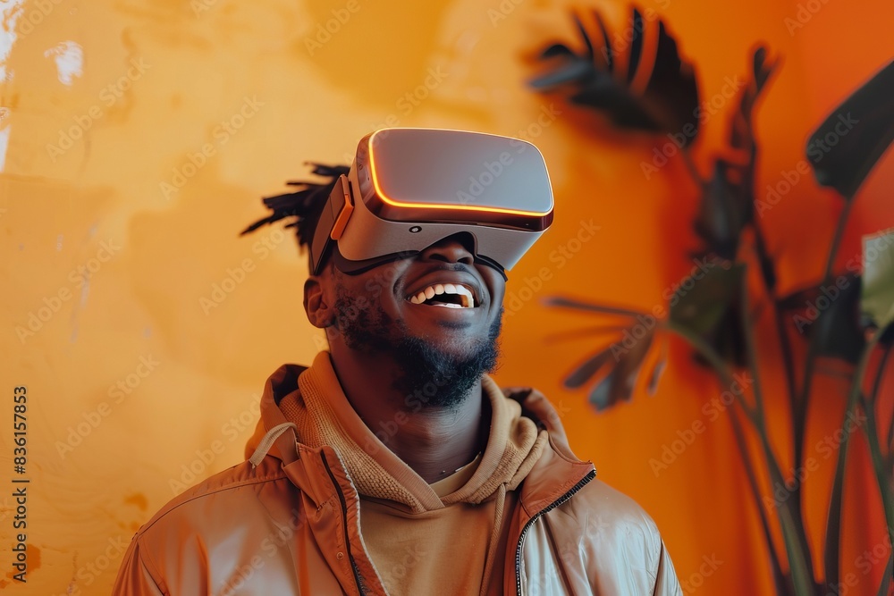 A man using VR with a happy expression