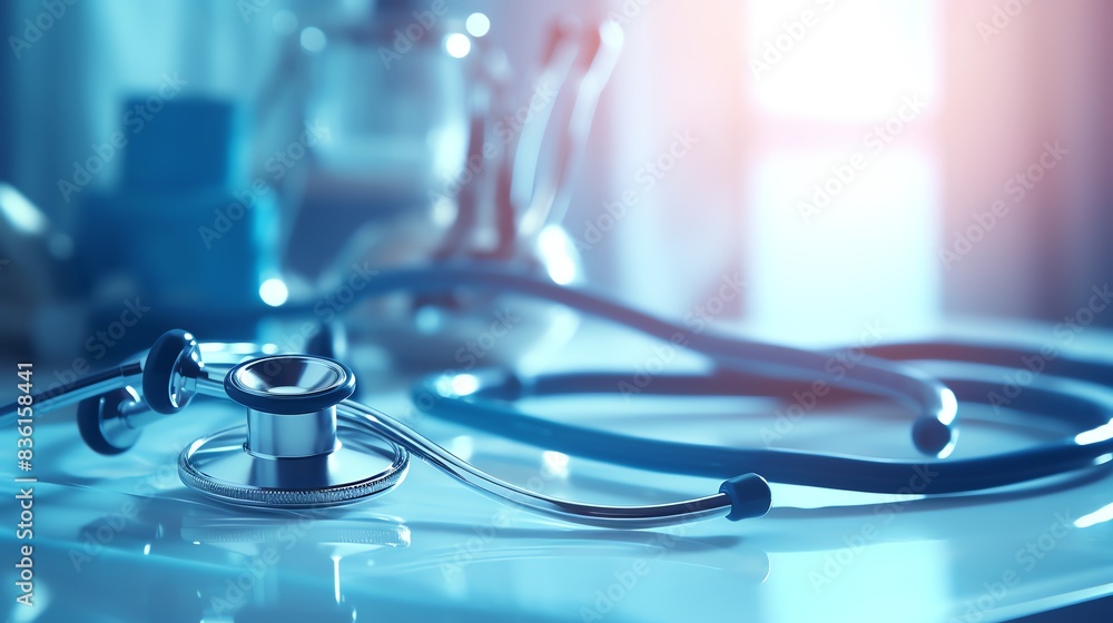 Closeup of a stethoscope on a white surface in a medical office. Closeup of a stethoscope on a white surface in a medical office.