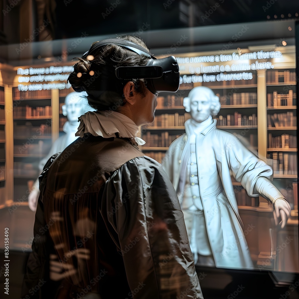 A person wearing a VR headset explores a virtual museum exhibit with historical statues. A person wearing a VR headset explores a virtual museum exhibit with historical statues.