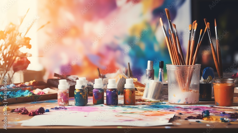 Close-up of artist's table with paint, brushes and canvas, ready to create. Close-up of artist's table with paint, brushes and canvas, ready to create.