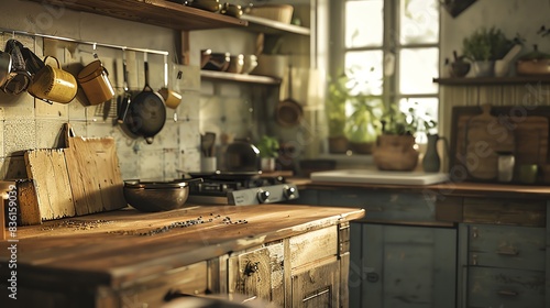 Rustic kitchen interior with wooden countertop, vintage cabinets, and hanging pots.