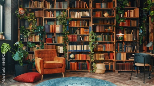 Cozy reading nook with a comfortable armchair and a large bookshelf filled with books. © nuttapong