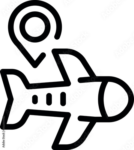 Black and white line art icon of an airplane with an integrated location pin, symbolizing travel and navigation