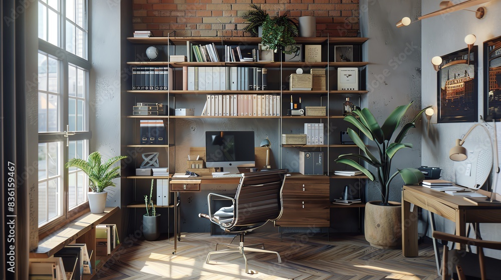 Industrial style home office with large window, desk, bookshelf, and plants. Industrial style home office with large window, desk, bookshelf, and plants.