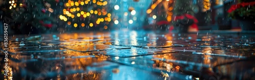 Nighttime Reflections: Defocused Christmas Market with Wet Paving Stones, Bokeh Lights, and Rainy Ambience photo
