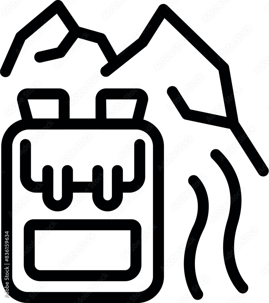 Linear vector icon featuring a backpack and mountains, perfect for travel and adventure themes Linear vector icon featuring a backpack and mountains, perfect for travel and adventure themes