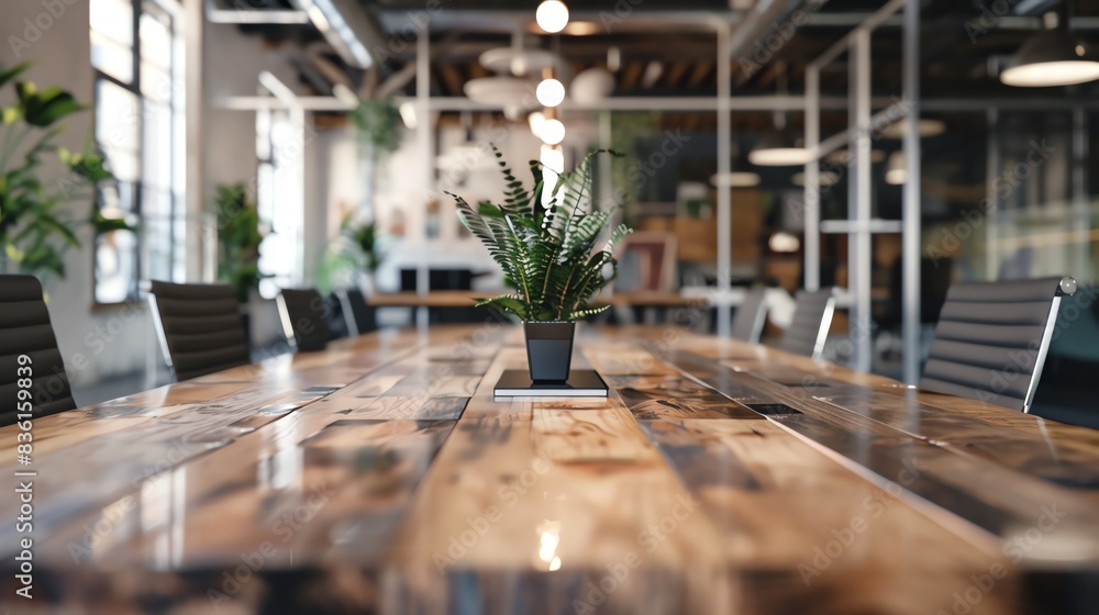 Long wooden table in a modern office setting with chairs and plants Long wooden table in a modern office setting with chairs and plants
