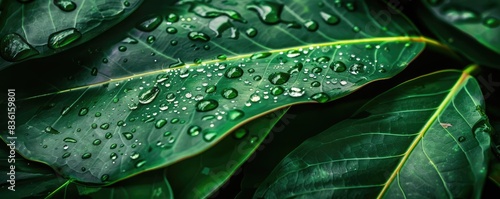 Close-up of fresh green leaves with water droplets, showcasing nature's beauty and the purity of rainwater on vibrant foliage.