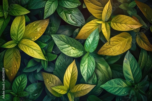 A vibrant assortment of green and yellow leaves with water droplets, providing a beautiful and fresh nature background.