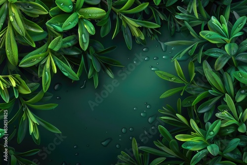 Lush green leaves with water droplets, creating a fresh and natural background. Perfect for nature-themed designs and backgrounds.