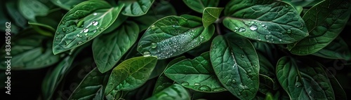 Close-up of dark green leaves with water droplets, showcasing natural beauty and vibrant texture in a refreshing and lush environment.