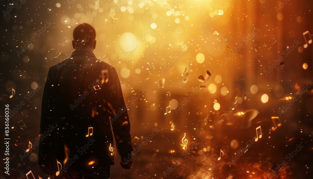 Fototapeta premium Image of a backlit composer man in a cinematic scene, immersed in music notes, with dynamic and gold lighting creating a dramatic atmosphere. 