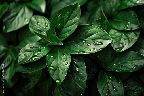 Close-up of fresh green leaves with water droplets, showcasing natural beauty and lush greenery in a serene setting.