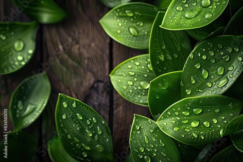 Close-up of fresh green leaves with water droplets on a wooden surface, capturing the beauty of nature and its refreshing essence.