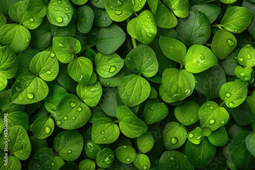 Close-up of fresh green leaves covered with water droplets, showcasing nature's beauty and freshness after rainfall.
