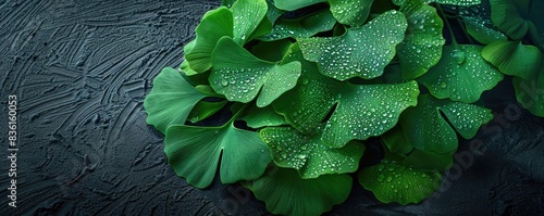 Close-up of fresh green ginkgo leaves with water droplets on a textured dark background creating a natural and refreshing scene.