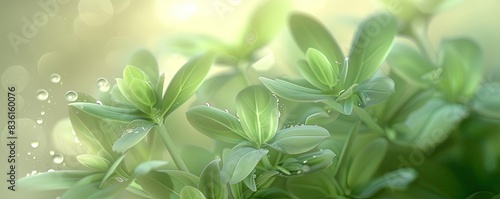 Close-up of green leaves with water droplets on a soft, dreamy background, highlighting the beauty and freshness of nature.