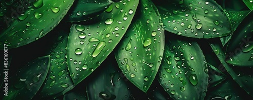 Close-up of vibrant green leaves with water droplets, creating a fresh and natural background. Perfect for nature, wellness, and eco-themed projects.