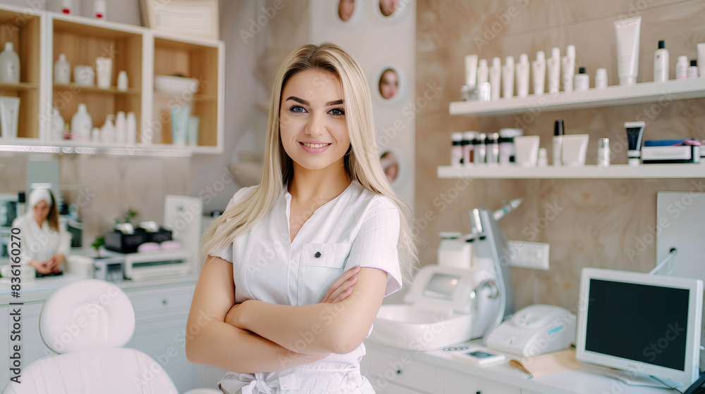 In a stylish beauty office, an elegant girl beautician shows you her office with care and passion. blur effect in the background In a stylish beauty office, an elegant girl beautician shows you her office with care and passion. blur effect in the background