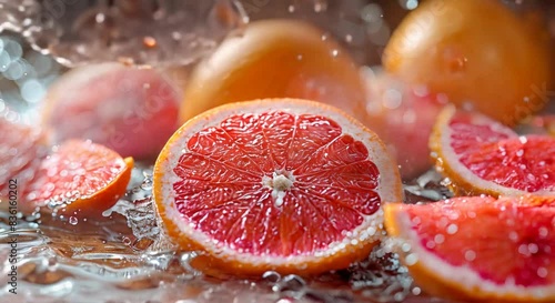 Realistic grapefruit slices suspended midair, surrounded by dynamic splashes of water that create an enchanting and refreshing scene.