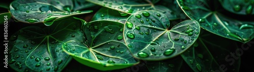 Close-up of lush green leaves with water droplets, showcasing nature's beauty and freshness. Perfect for backgrounds and nature themes.