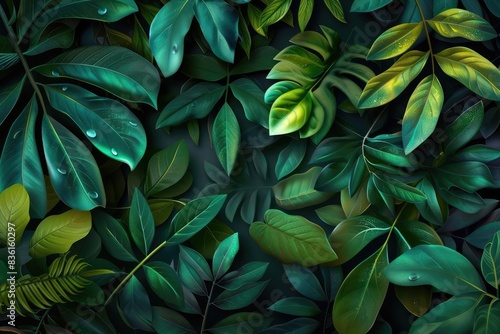 Close-up view of vibrant green tropical leaves with detailed textures, creating a lush and natural background perfect for various design projects.