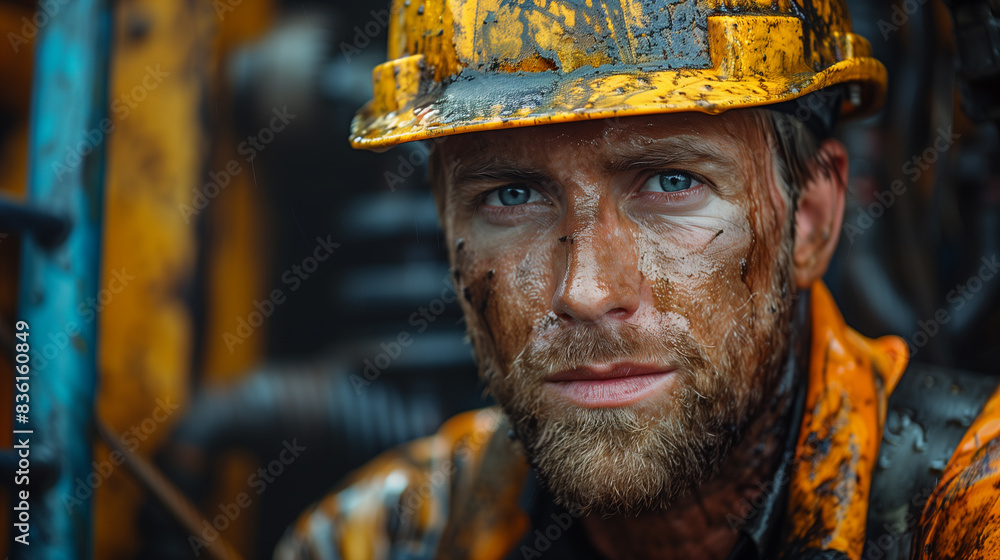 man in a yellow helmet and work clothes, smeared with oil against the backdrop of an oil rig man in a yellow helmet and work clothes, smeared with oil against the backdrop of an oil rig