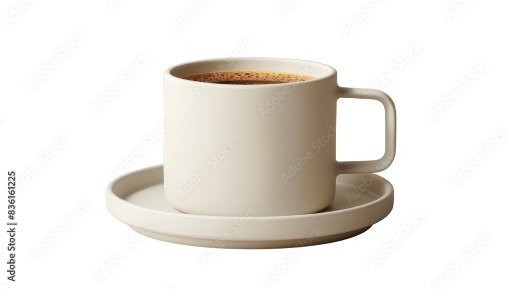 A matte white mug and matching saucer holding a rich, dark coffee. The sleek, minimalistic design highlights the elegance and simplicity of the setting, isolated on transparent background A matte white mug and matching saucer holding a rich, dark coffee. The sleek, minimalistic design highlights the elegance and simplicity of the setting, isolated on transparent background