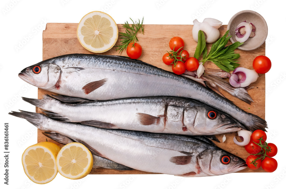 High-resolution image of three fresh mackerel fish on a wooden cutting board with vegetables, in png format against a transparent, white background High-resolution image of three fresh mackerel fish on a wooden cutting board with vegetables, in png format against a transparent, white background