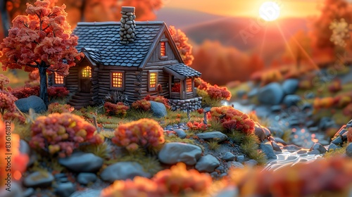 a diorama of fall colors in the blue ridge mountains at sunrise, Sun rays, cabin in the far distance, vibrant colors