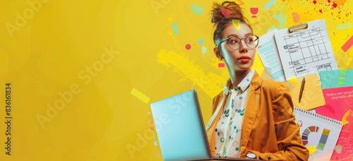Confident businesswoman standing in front of a yellow background, wearing a brown suit jacket and glasses, holding a laptop. photo