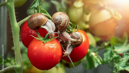 The tomato plants in the garden are eaten by snails.