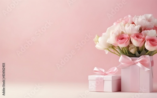 A pink and white tulips in a pink box on a white background