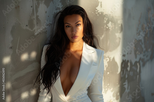 A beautiful woman with dark hair, wearing an elegant white suit jacket and trousers, posing against the backdrop of soft lighting.
