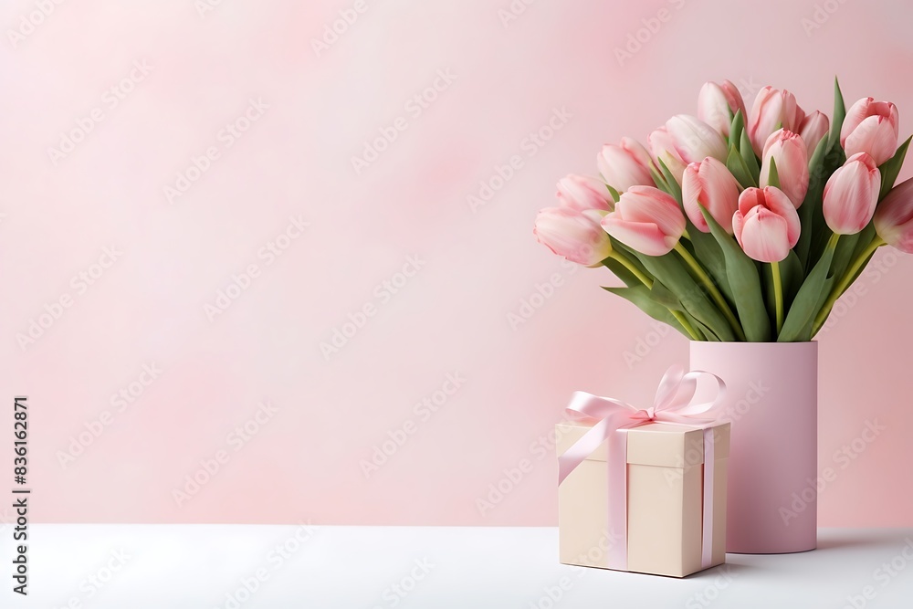 A pink and white tulips in a pink box on a white background A pink and white tulips in a pink box on a white background