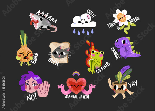 Abstract shape funny cartoon characters. A set of collections of various emotions and motions. A disgruntled cat, a sad cloud, a screaming possum, a stressed frog, a no girl, a meditating heart.