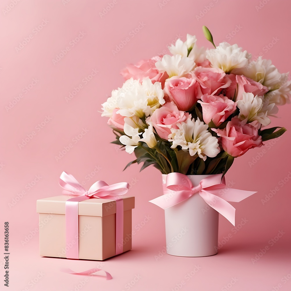 A pink and white tulips in a pink box on a white background A pink and white tulips in a pink box on a white background