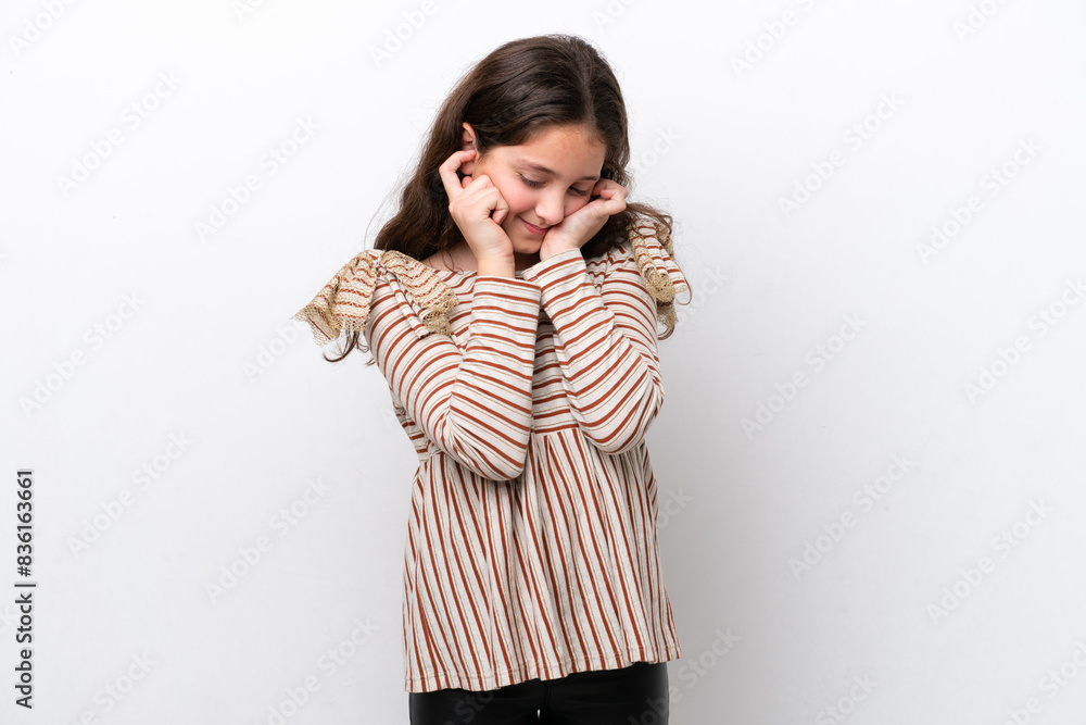 Little girl isolated on white background frustrated and covering ears Little girl isolated on white background frustrated and covering ears