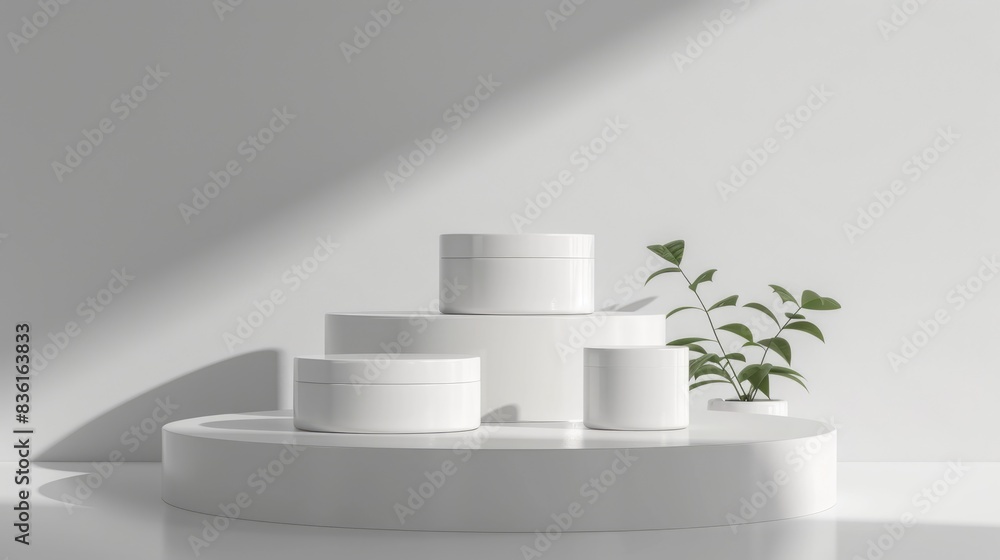 Realistic studio shot of white cosmetic jars on a sleek podium with related items, professional lighting, and clear copy space Realistic studio shot of white cosmetic jars on a sleek podium with related items, professional lighting, and clear copy space