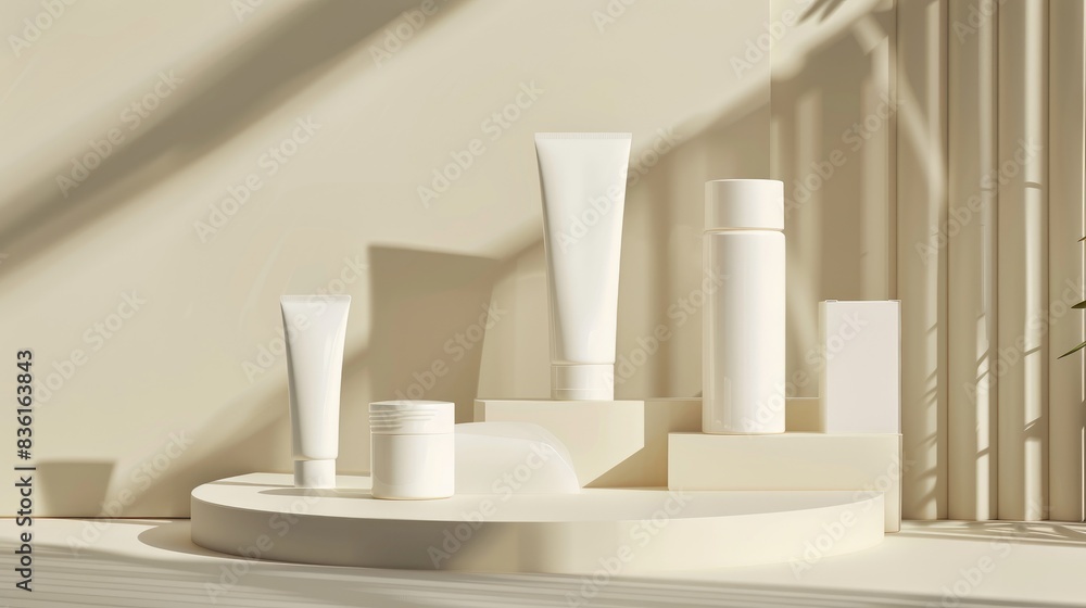 custom made wallpaper toronto digitalHigh-quality image of white cosmetic tubes displayed on a stylish podium with related beauty items, well-lit with ample space for text
