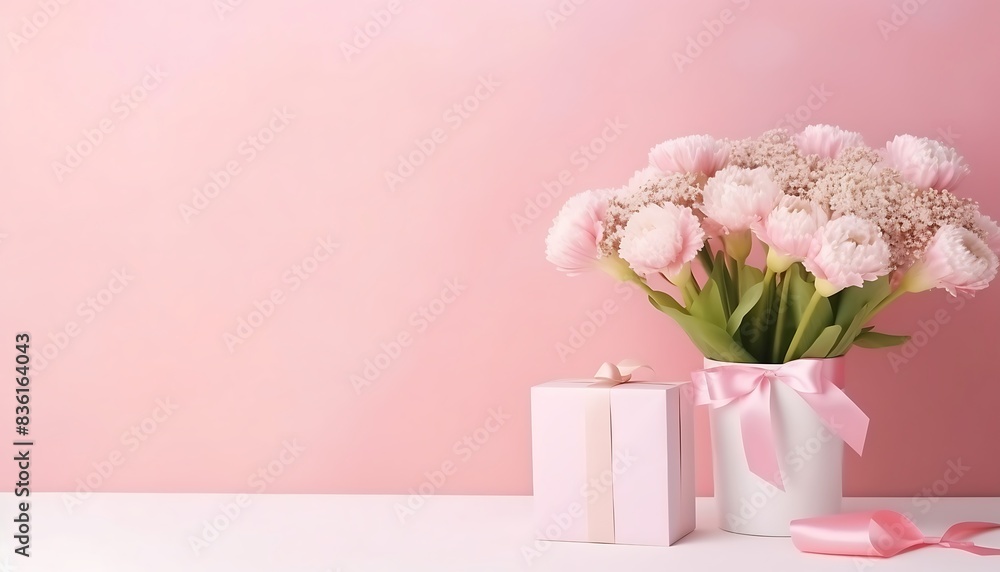 A pink and white tulips in a pink box on a white background A pink and white tulips in a pink box on a white background