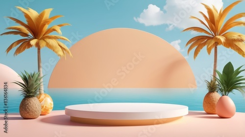 3D Podium with summer concept. 3D rendering exhibition background. 3d geometric podium mockup leaf tropical netural concept for showcase yellow background Abstract minimal scene product presentation photo