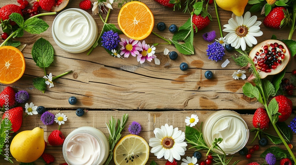 Close-up image of creamy lotions and fresh fruits, herbs, and flowers on a wooden surface. Generative AI Close-up image of creamy lotions and fresh fruits, herbs, and flowers on a wooden surface. Generative AI