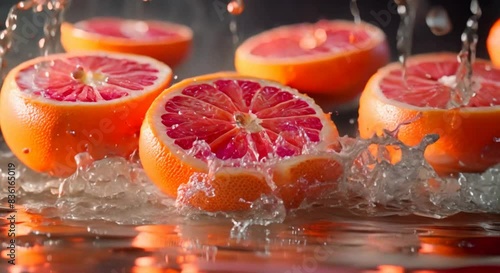 Realistic grapefruit slices suspended midair, surrounded by dynamic splashes of water that create an enchanting and refreshing scene.
