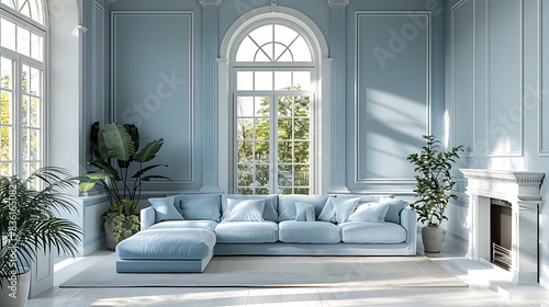 A bright and airy living room with white and light blue walls  featuring a light blue sectional sofa and a white fireplace.