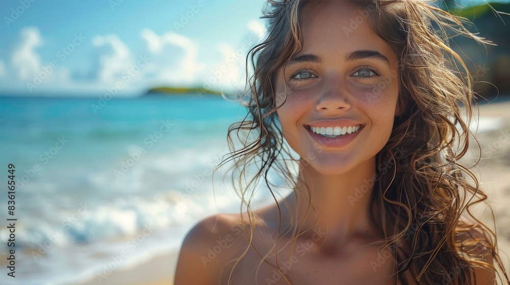 A beautiful young woman smiling at the beach side, enjoying a sunny day out vacation in summer. A beautiful young woman smiling at the beach side, enjoying a sunny day out vacation in summer.